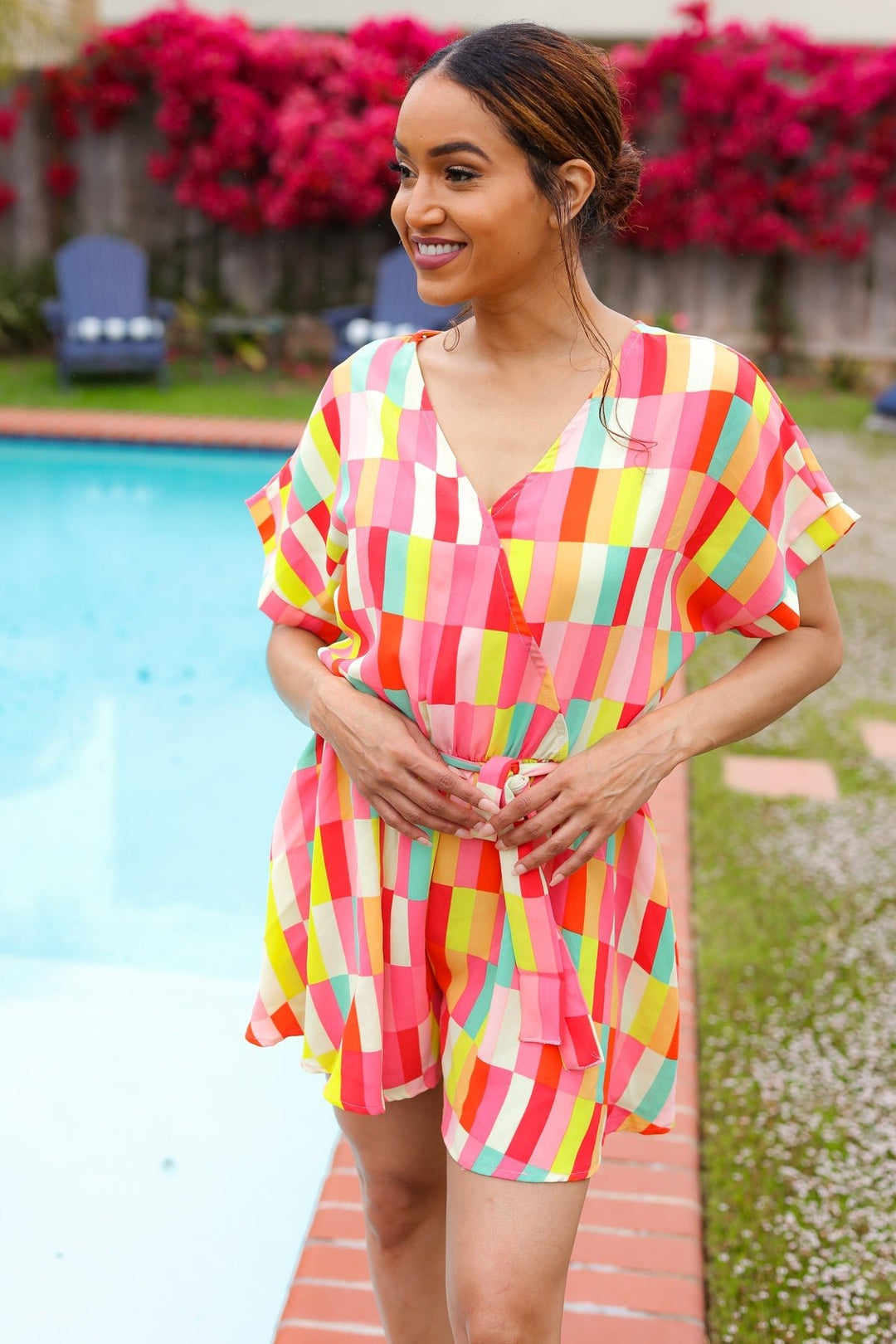 Eyes On You Coral Geo Abstract Surplice Woven Romper - Nikki &amp; Co. Boutique