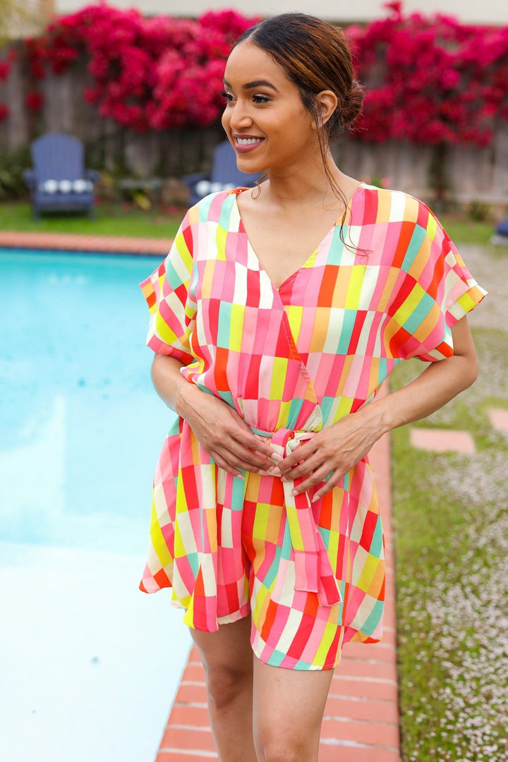 Eyes On You Coral Geo Abstract Surplice Woven Romper - Nikki &amp; Co. Boutique