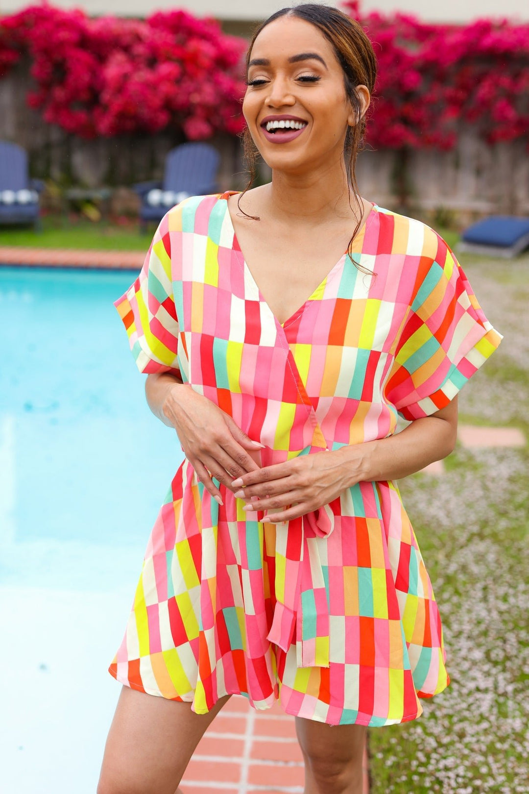 Eyes On You Coral Geo Abstract Surplice Woven Romper - Nikki &amp; Co. Boutique