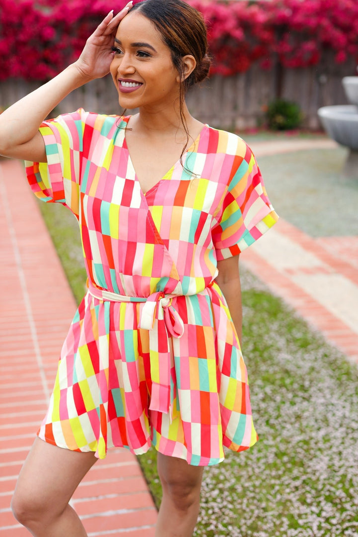 Eyes On You Coral Geo Abstract Surplice Woven Romper - Nikki &amp; Co. Boutique