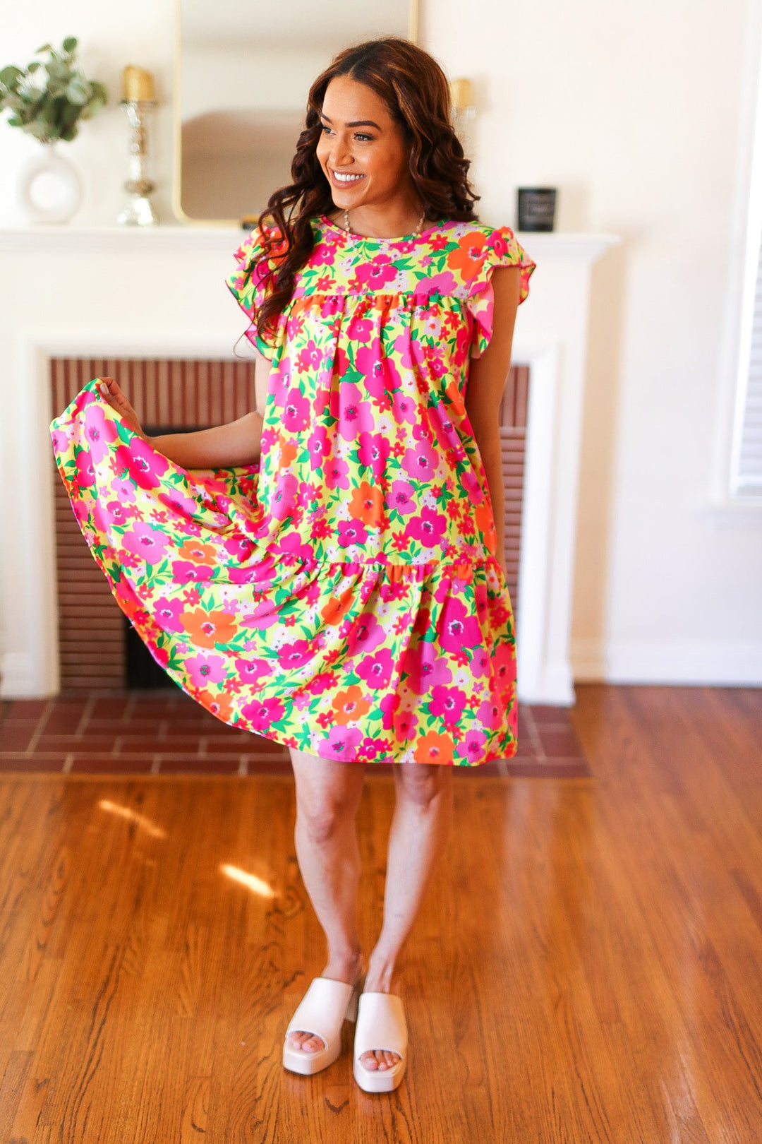 Be Charming Lime &amp; Pink Floral Print Tiered Ruffle Sleeve Dress | Nikki &amp; Co. Boutique