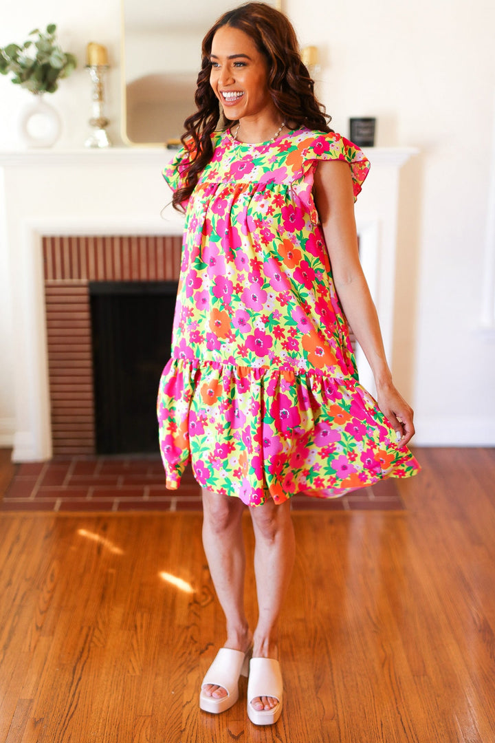 Be Charming Lime &amp; Pink Floral Print Tiered Ruffle Sleeve Dress | Nikki &amp; Co. Boutique