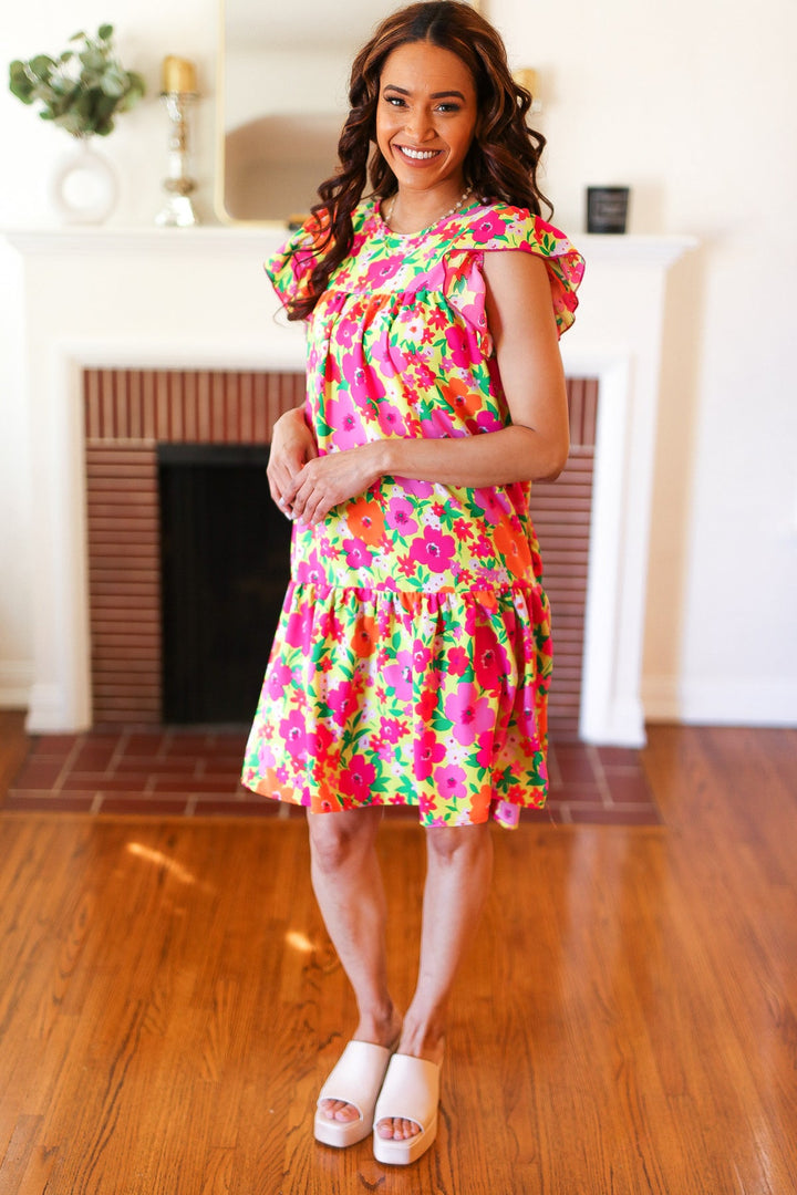 Be Charming Lime &amp; Pink Floral Print Tiered Ruffle Sleeve Dress | Nikki &amp; Co. Boutique