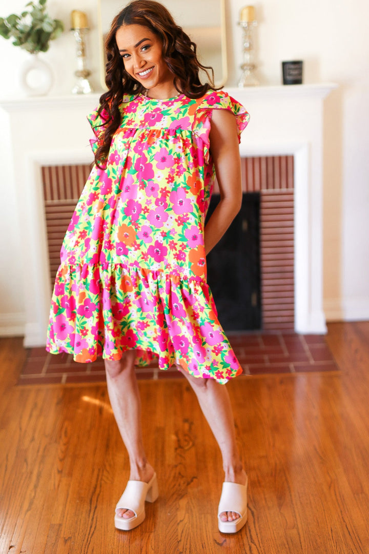 Be Charming Lime &amp; Pink Floral Print Tiered Ruffle Sleeve Dress | Nikki &amp; Co. Boutique