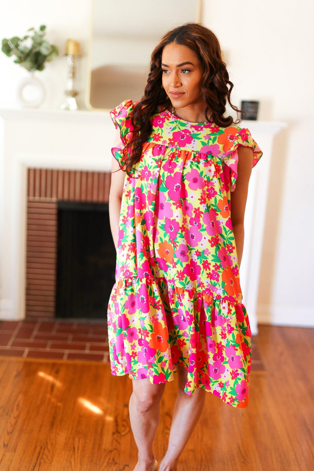 Be Charming Lime &amp; Pink Floral Print Tiered Ruffle Sleeve Dress | Nikki &amp; Co. Boutique