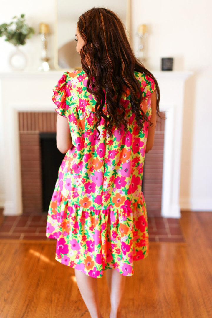Be Charming Lime &amp; Pink Floral Print Tiered Ruffle Sleeve Dress | Nikki &amp; Co. Boutique