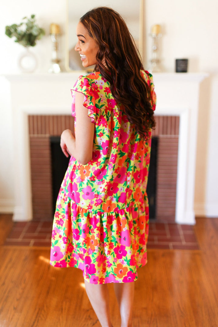 Be Charming Lime &amp; Pink Floral Print Tiered Ruffle Sleeve Dress | Nikki &amp; Co. Boutique