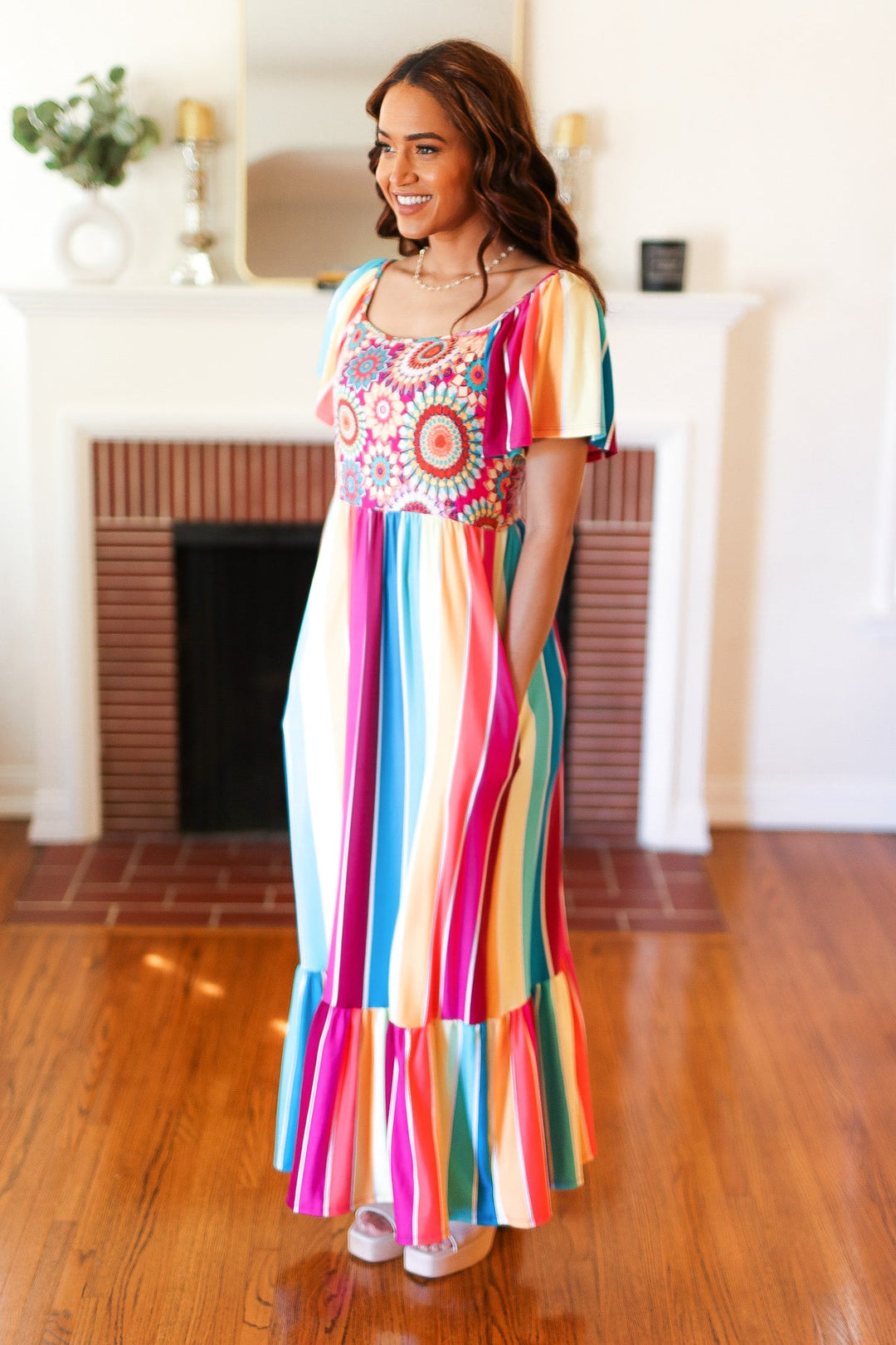 Feeling Bold Fuchsia &amp; Teal Striped Medallion Crochet Print Dress | Nikki &amp; Co. Boutique