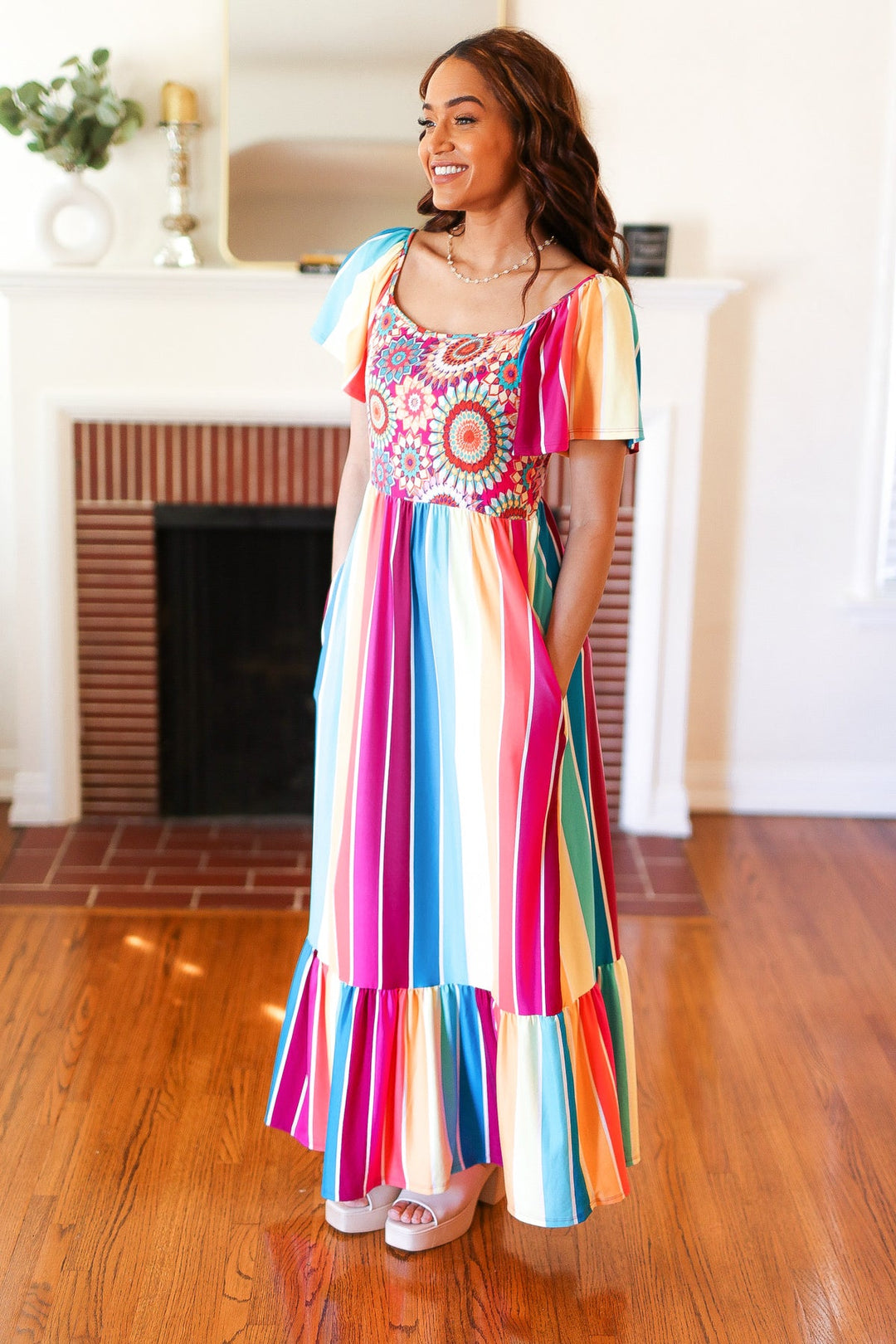 Feeling Bold Fuchsia &amp; Teal Striped Medallion Crochet Print Dress | Nikki &amp; Co. Boutique
