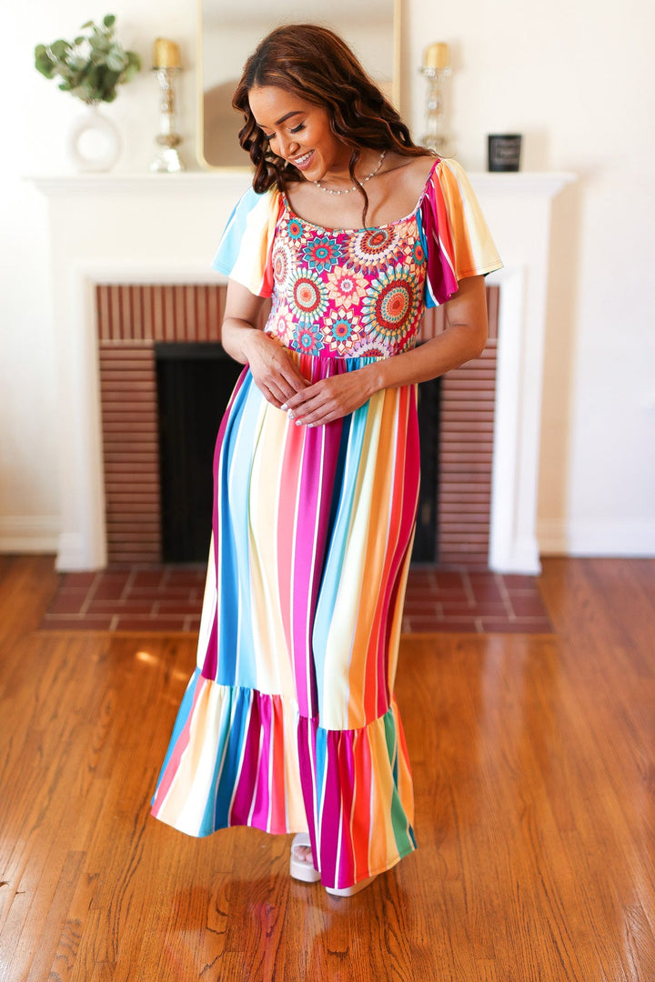 Feeling Bold Fuchsia &amp; Teal Striped Medallion Crochet Print Dress | Nikki &amp; Co. Boutique