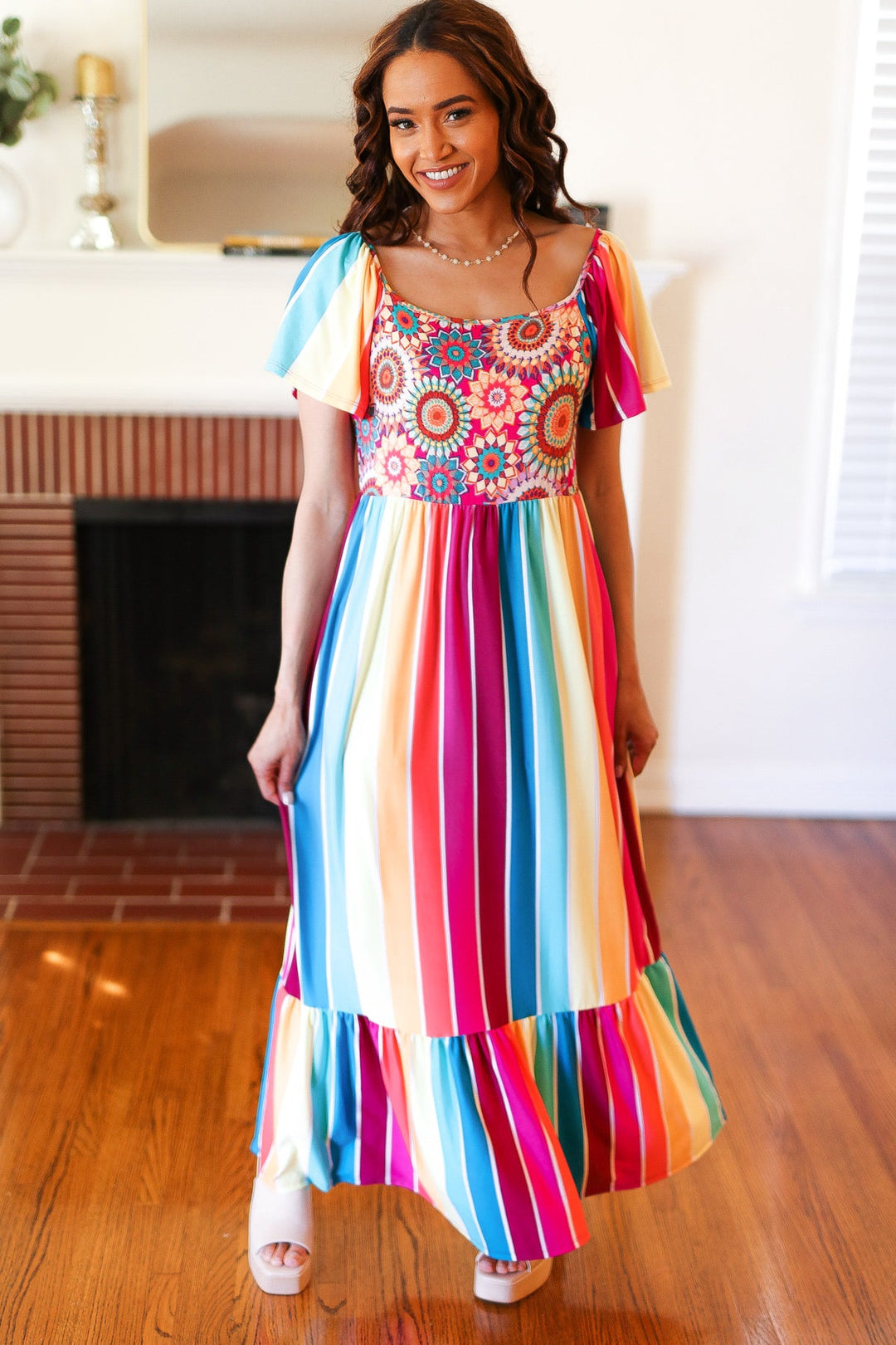 Feeling Bold Fuchsia &amp; Teal Striped Medallion Crochet Print Dress | Nikki &amp; Co. Boutique