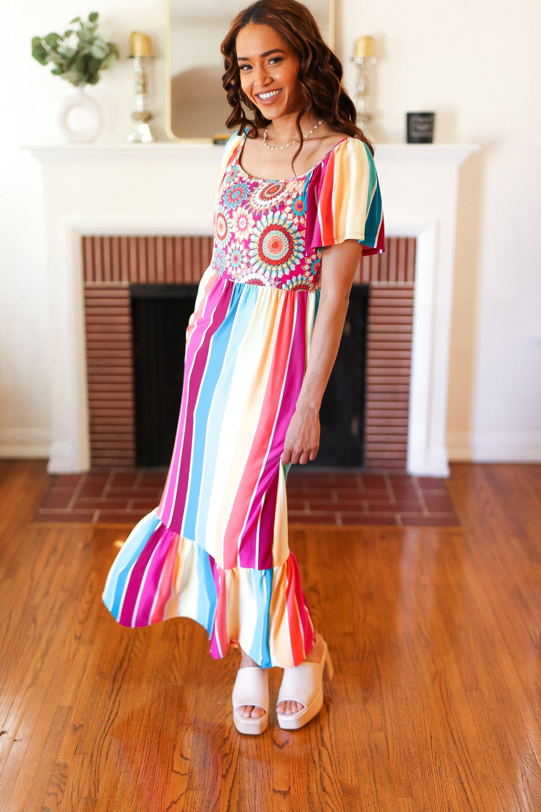 Feeling Bold Fuchsia &amp; Teal Striped Medallion Crochet Print Dress | Nikki &amp; Co. Boutique