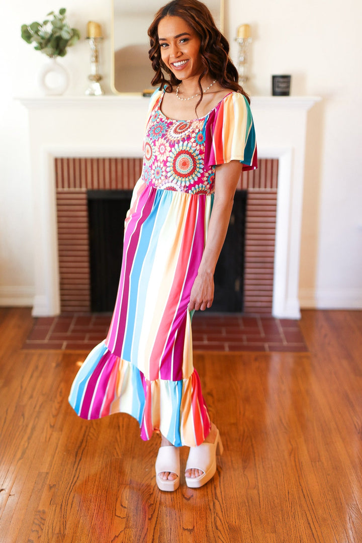 Feeling Bold Fuchsia &amp; Teal Striped Medallion Crochet Print Dress | Nikki &amp; Co. Boutique
