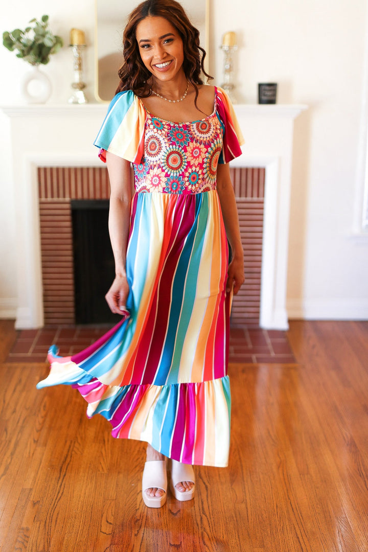 Feeling Bold Fuchsia &amp; Teal Striped Medallion Crochet Print Dress | Nikki &amp; Co. Boutique