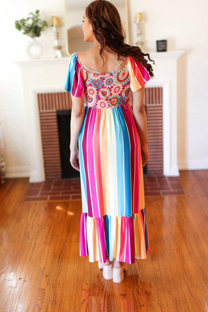 Feeling Bold Fuchsia &amp; Teal Striped Medallion Crochet Print Dress | Nikki &amp; Co. Boutique