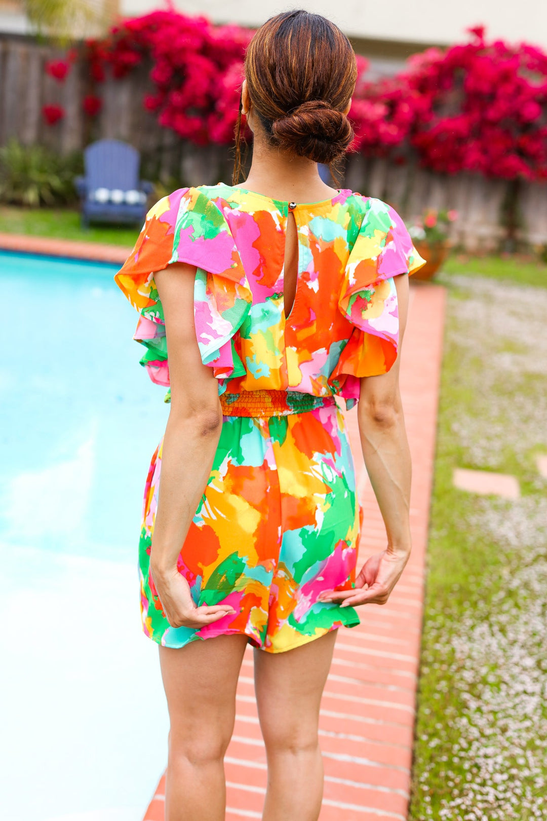 Under The Sun Abstract Floral Smocked Waist V Neck Flutter Sleeve Romper | Nikki &amp; Co. Boutique