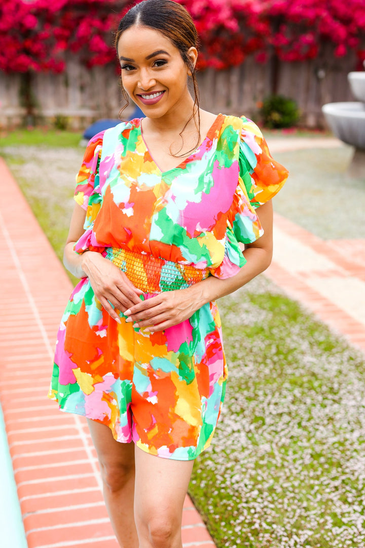Under The Sun Abstract Floral Smocked Waist V Neck Flutter Sleeve Romper | Nikki &amp; Co. Boutique