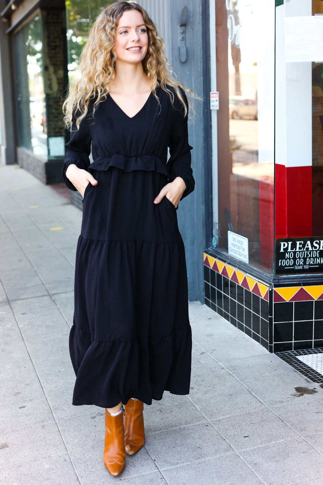 Beautiful You Black Pintuck Detail Frill V Neck Maxi Dress | Nikki &amp; Co. Boutique