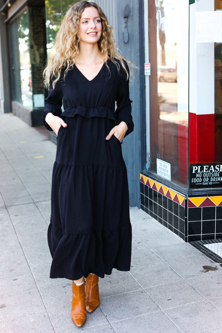 Beautiful You Black Pintuck Detail Frill V Neck Maxi Dress | Nikki &amp; Co. Boutique