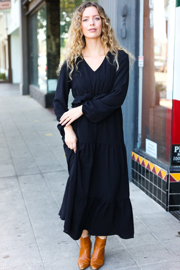Beautiful You Black Pintuck Detail Frill V Neck Maxi Dress | Nikki &amp; Co. Boutique