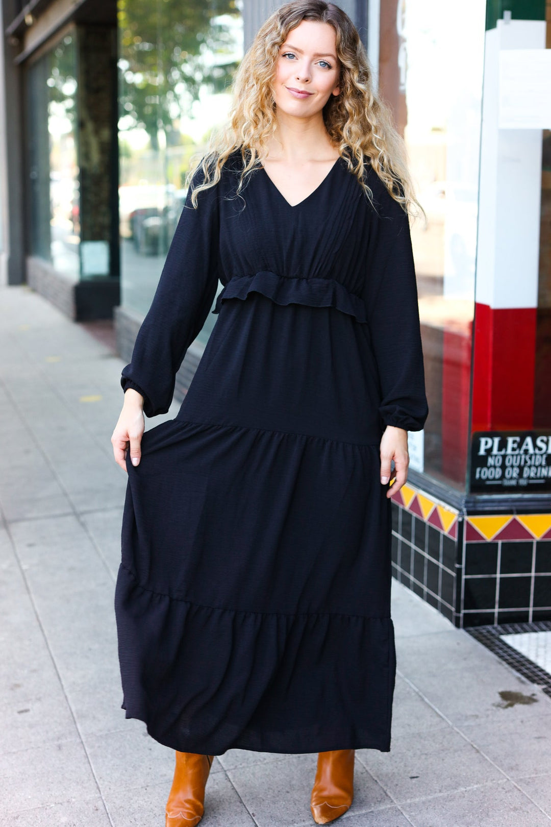 Beautiful You Black Pintuck Detail Frill V Neck Maxi Dress | Nikki &amp; Co. Boutique