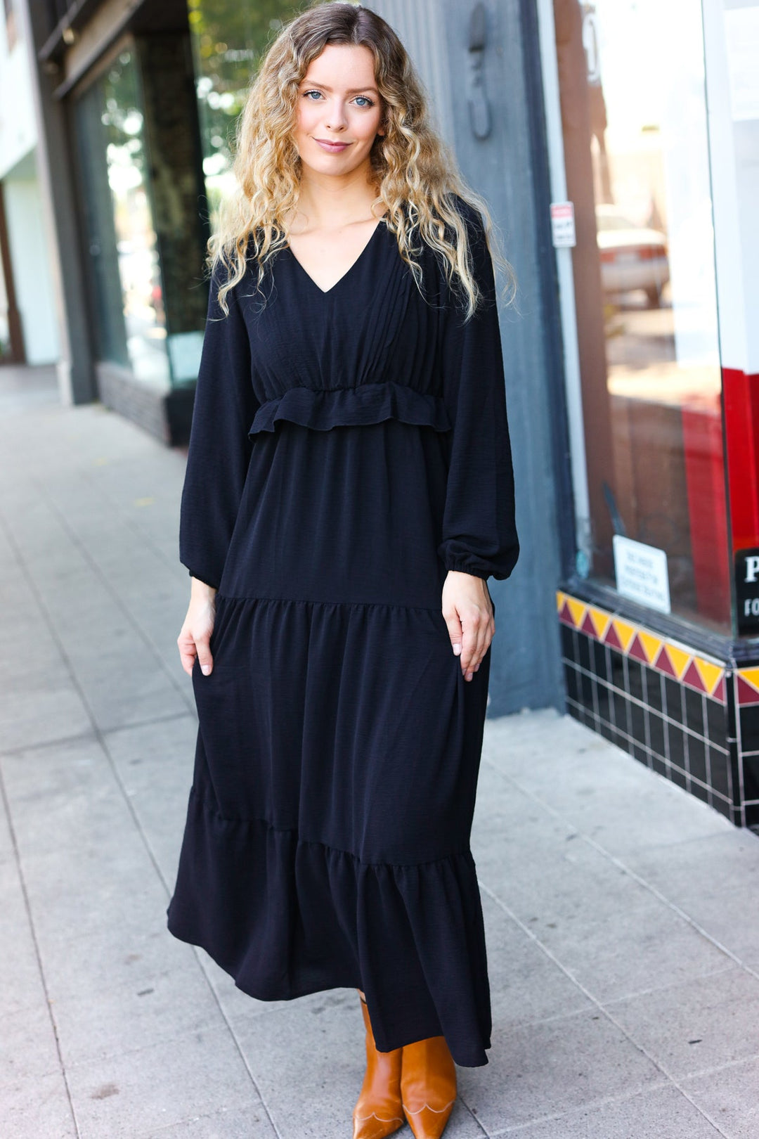 Beautiful You Black Pintuck Detail Frill V Neck Maxi Dress | Nikki &amp; Co. Boutique