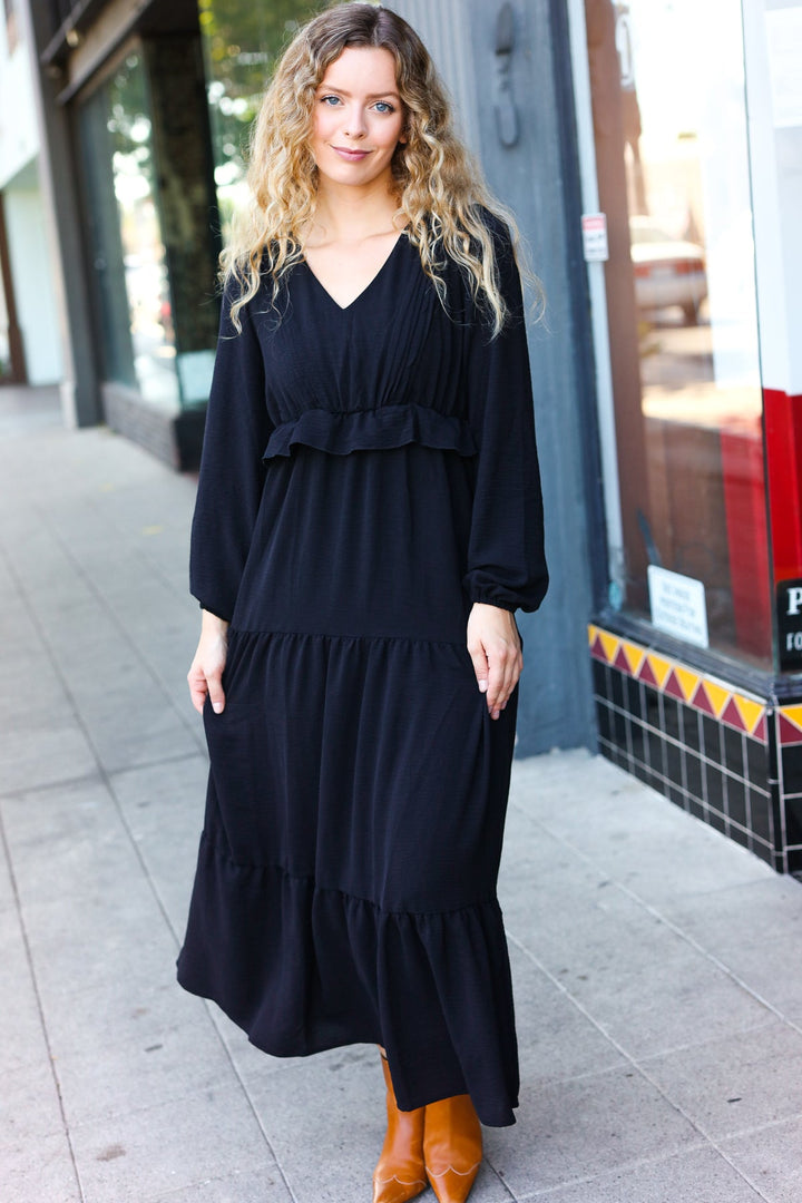 Beautiful You Black Pintuck Detail Frill V Neck Maxi Dress | Nikki &amp; Co. Boutique
