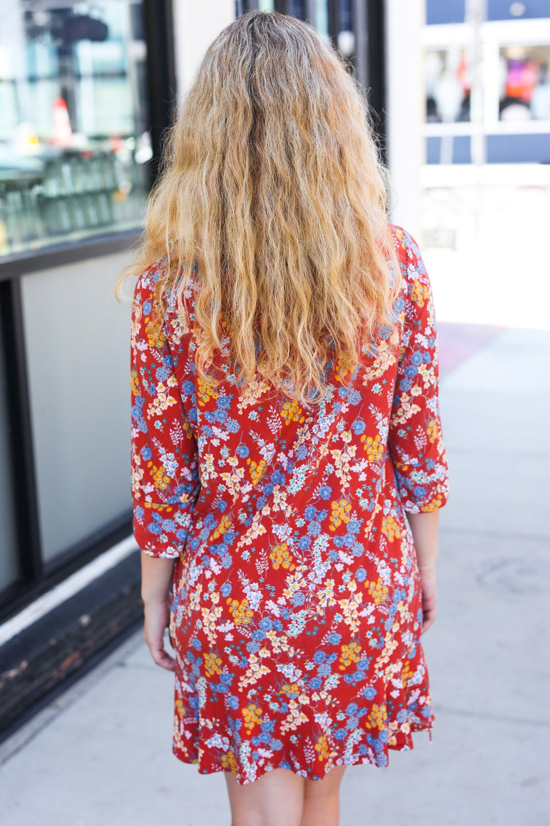Spread Joy Rust Ruffle Floral Hem 3/4 Slit Sleeve Dress | Nikki &amp; Co. Boutique