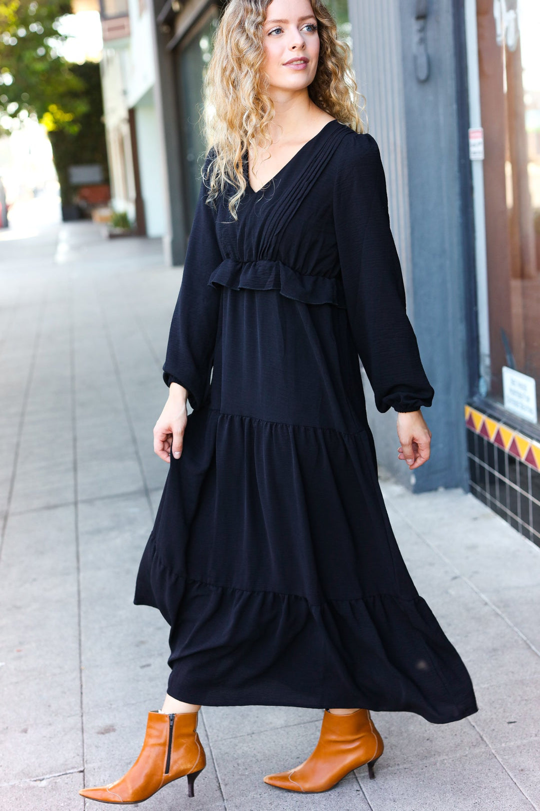 Beautiful You Black Pintuck Detail Frill V Neck Maxi Dress | Nikki &amp; Co. Boutique