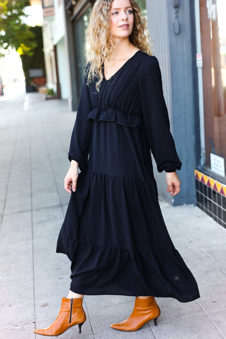 Beautiful You Black Pintuck Detail Frill V Neck Maxi Dress | Nikki &amp; Co. Boutique