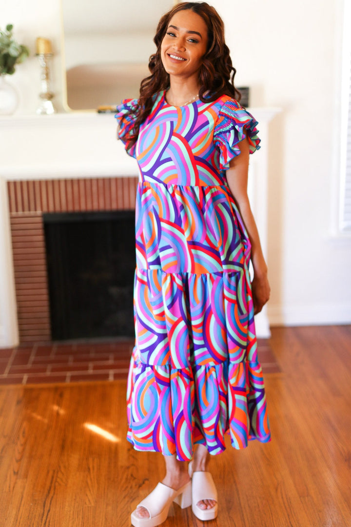 Feel Your Best Purple Abstract Print Smocked Ruffle Sleeve Maxi Dress | Nikki &amp; Co. Boutique
