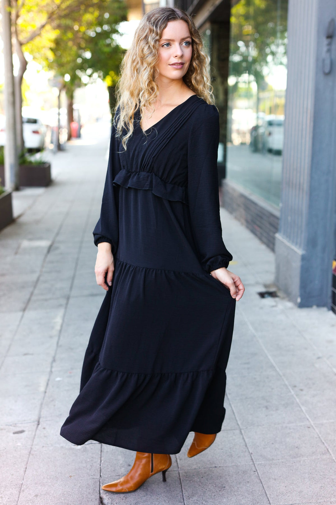 Beautiful You Black Pintuck Detail Frill V Neck Maxi Dress | Nikki &amp; Co. Boutique