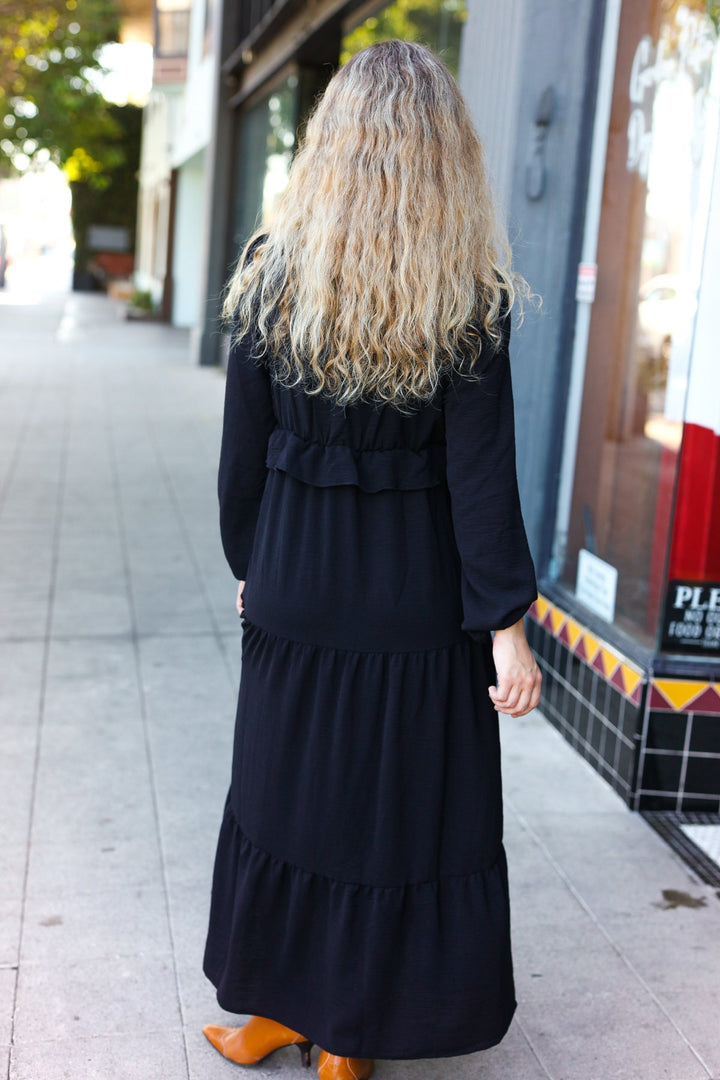 Beautiful You Black Pintuck Detail Frill V Neck Maxi Dress | Nikki &amp; Co. Boutique