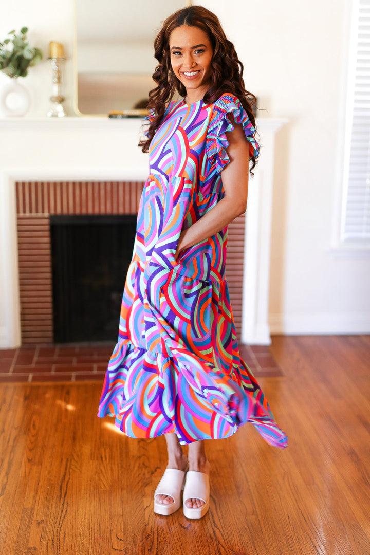 Feel Your Best Purple Abstract Print Smocked Ruffle Sleeve Maxi Dress | Nikki &amp; Co. Boutique