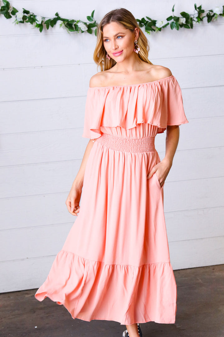 Coral off Shoulder Smocked Waist Ruffle Sleeve Midi Dress | Nikki &amp; Co. Boutique