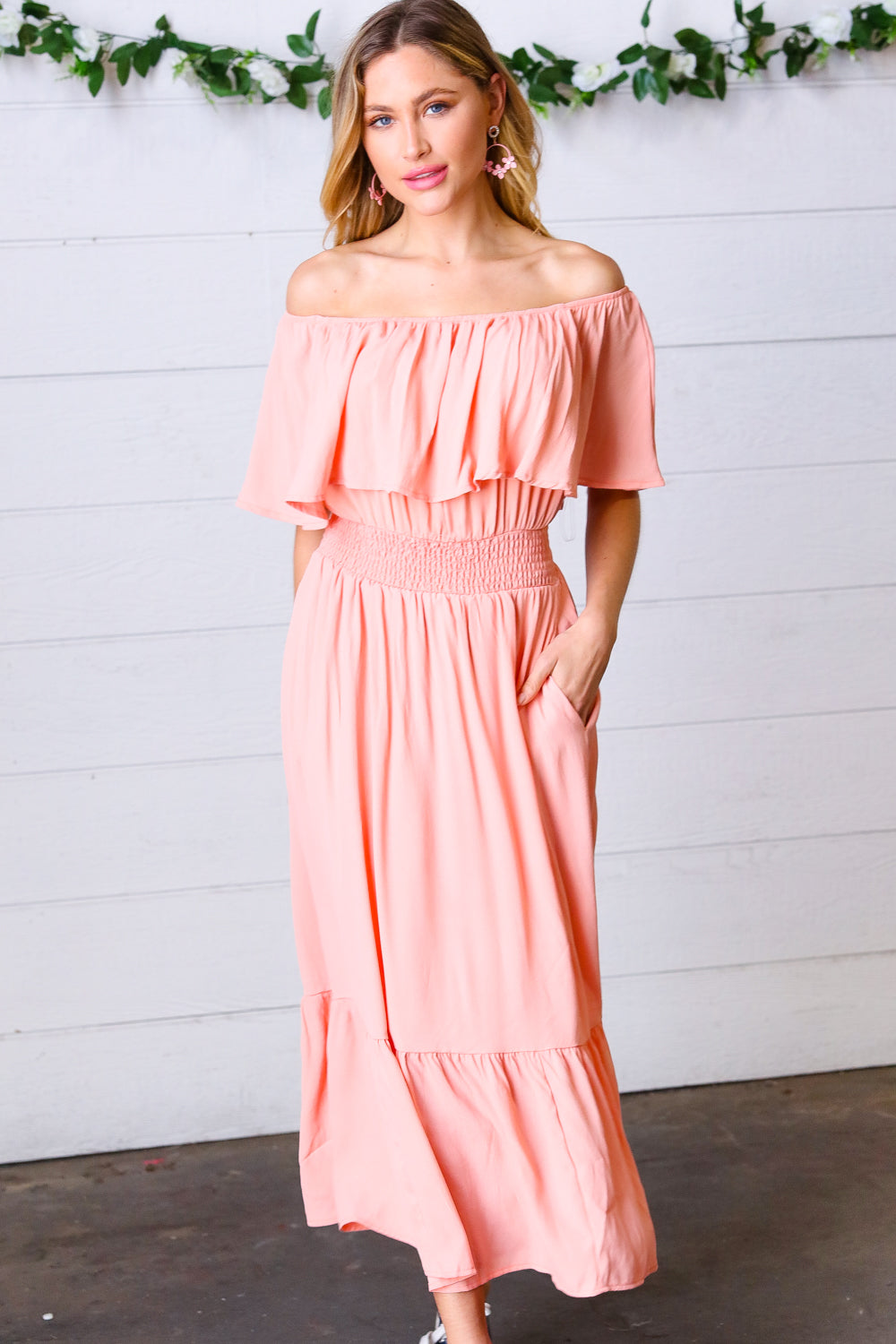 Coral off Shoulder Smocked Waist Ruffle Sleeve Midi Dress | Nikki &amp; Co. Boutique
