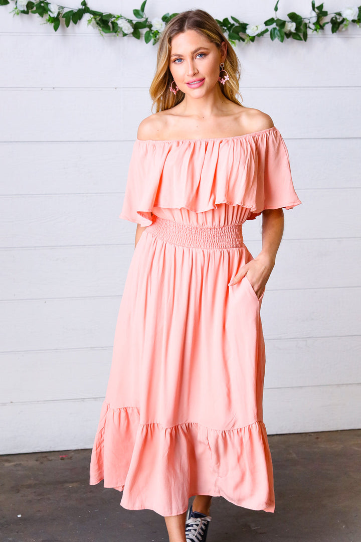 Coral off Shoulder Smocked Waist Ruffle Sleeve Midi Dress | Nikki &amp; Co. Boutique