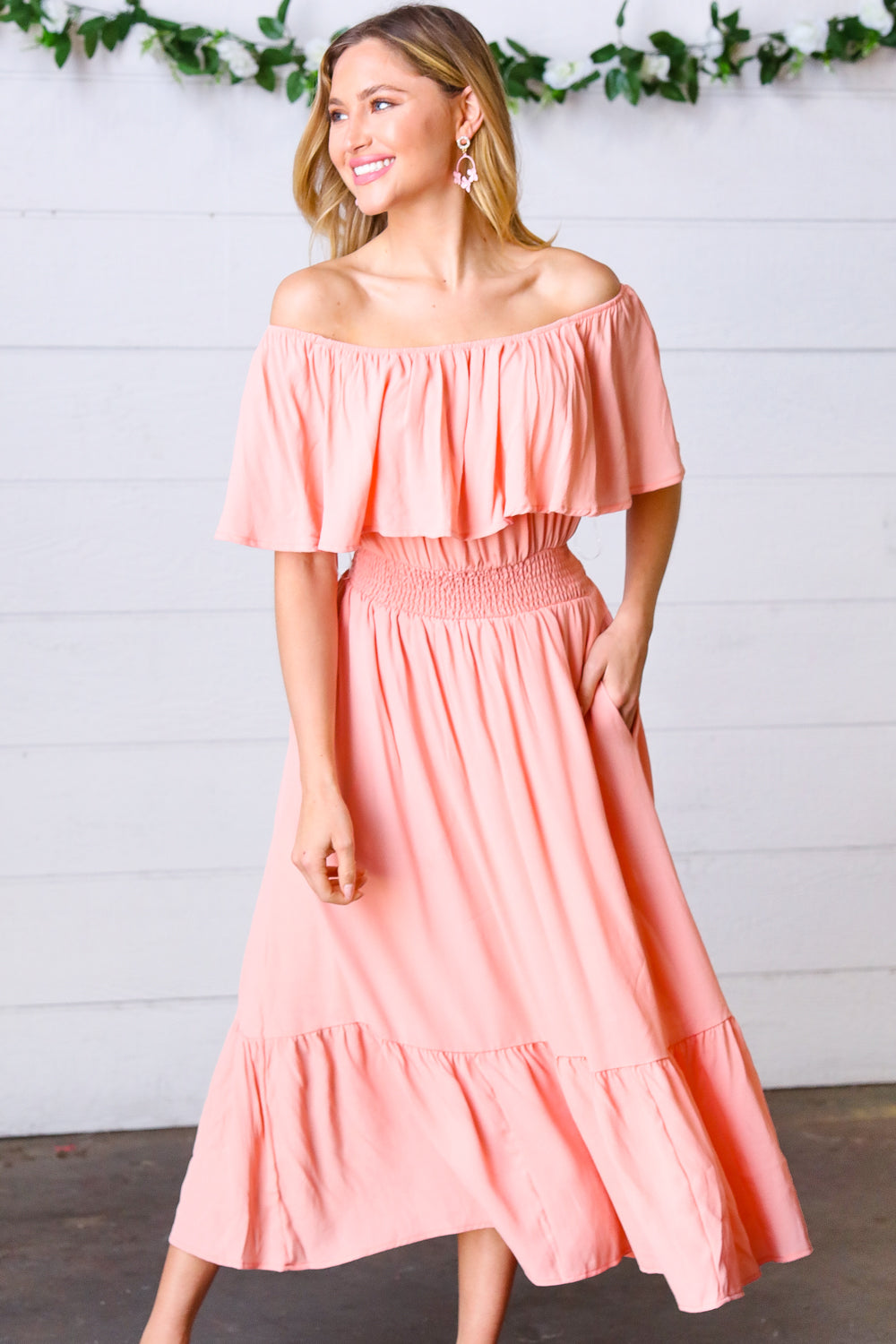 Coral off Shoulder Smocked Waist Ruffle Sleeve Midi Dress | Nikki &amp; Co. Boutique