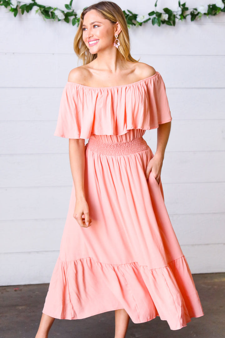 Coral off Shoulder Smocked Waist Ruffle Sleeve Midi Dress | Nikki &amp; Co. Boutique