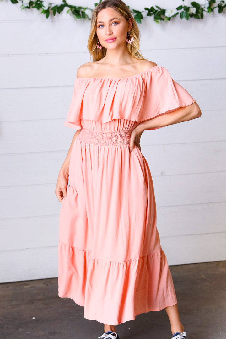 Coral off Shoulder Smocked Waist Ruffle Sleeve Midi Dress | Nikki &amp; Co. Boutique