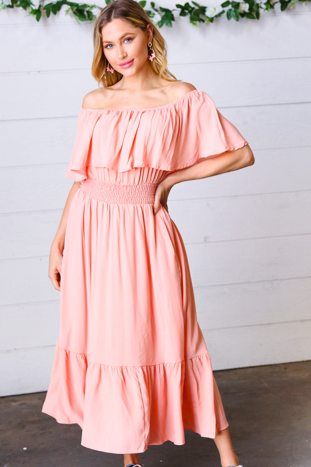 Coral off Shoulder Smocked Waist Ruffle Sleeve Midi Dress | Nikki &amp; Co. Boutique