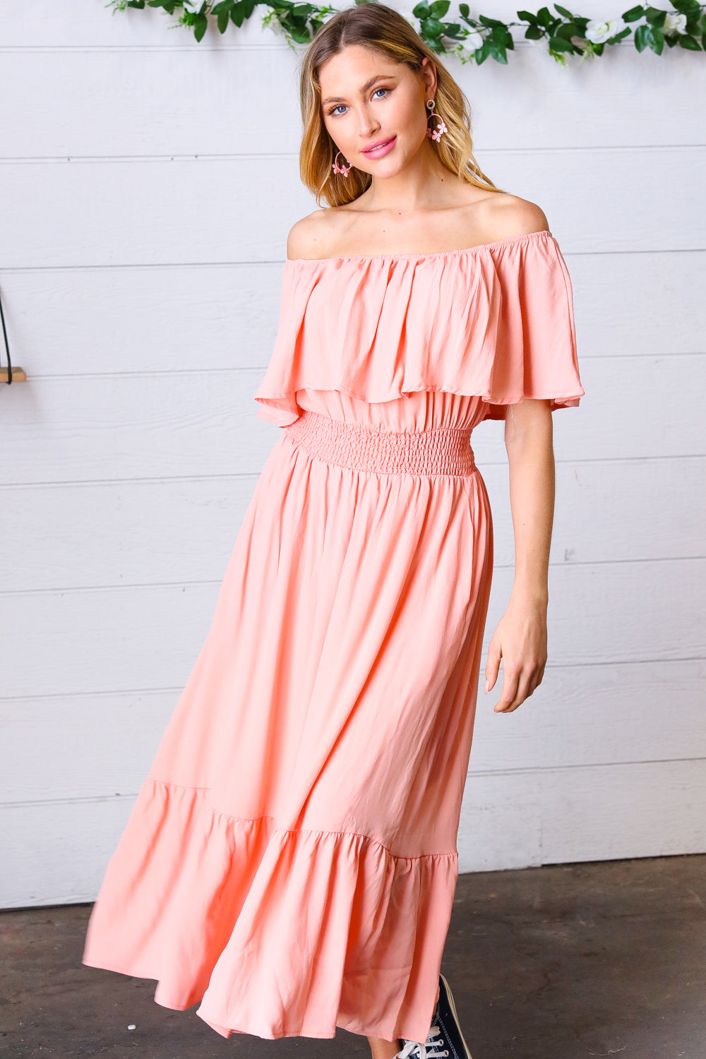 Coral off Shoulder Smocked Waist Ruffle Sleeve Midi Dress | Nikki &amp; Co. Boutique