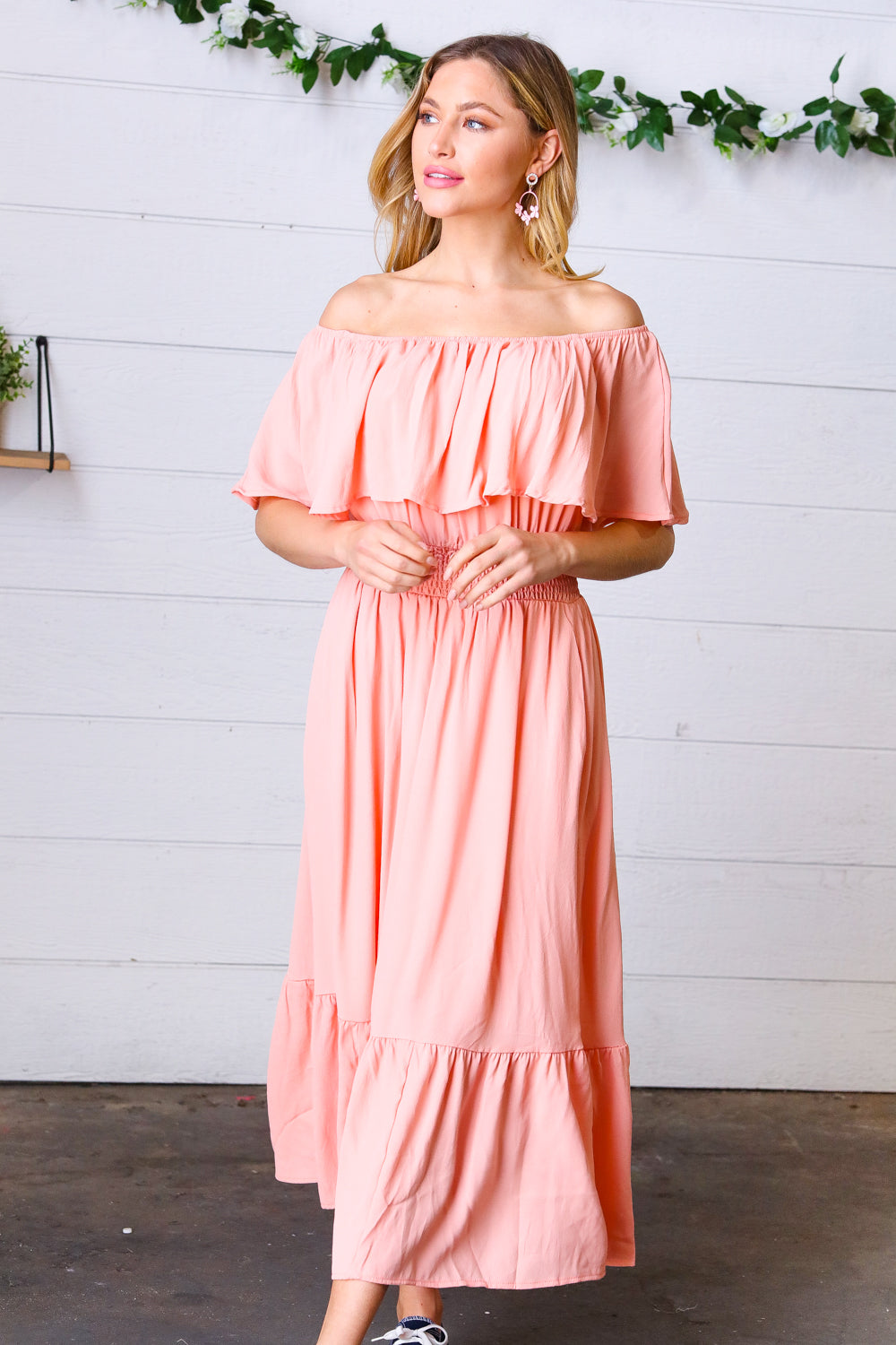 Coral off Shoulder Smocked Waist Ruffle Sleeve Midi Dress | Nikki &amp; Co. Boutique