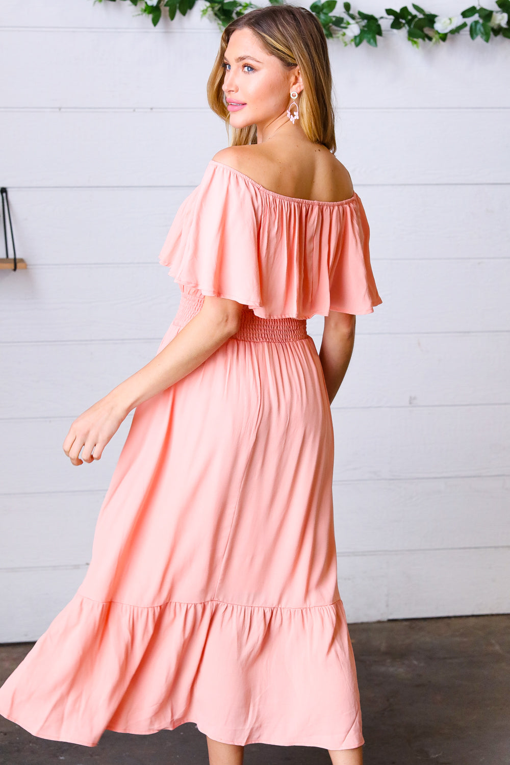 Coral off Shoulder Smocked Waist Ruffle Sleeve Midi Dress | Nikki &amp; Co. Boutique