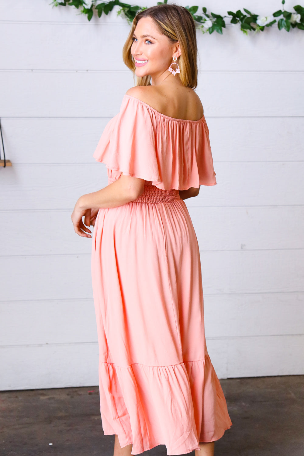 Coral off Shoulder Smocked Waist Ruffle Sleeve Midi Dress | Nikki &amp; Co. Boutique