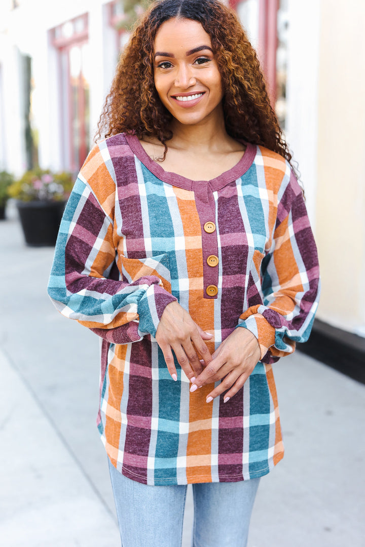 Adorable In Plaid French Terry Henley Pocket Top | Nikki &amp; Co. Boutique