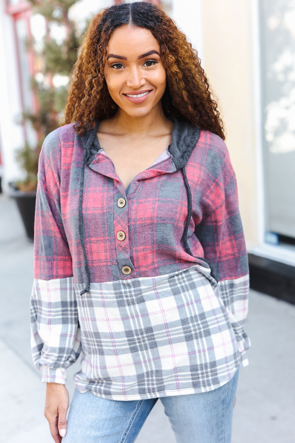 Pretty in Plaid Brushed Hacci Color Block Hoodie | Nikki &amp; Co. Boutique
