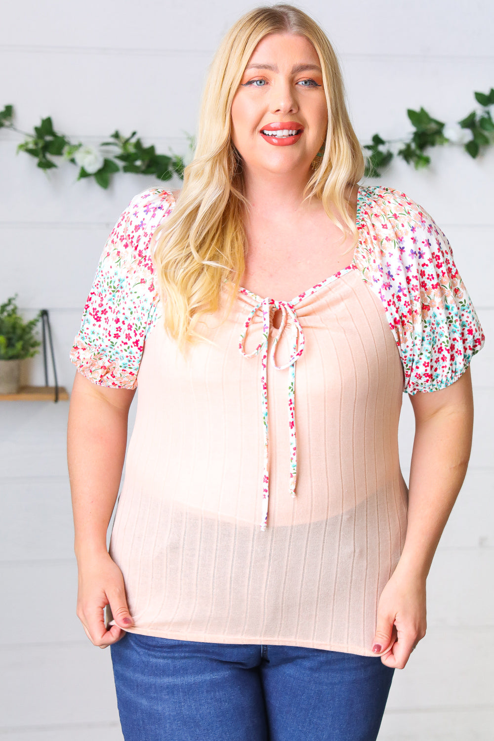 Peach &amp; Floral Tie Neck Bubble Sleeve Tops | Nikki &amp; Co. Boutique