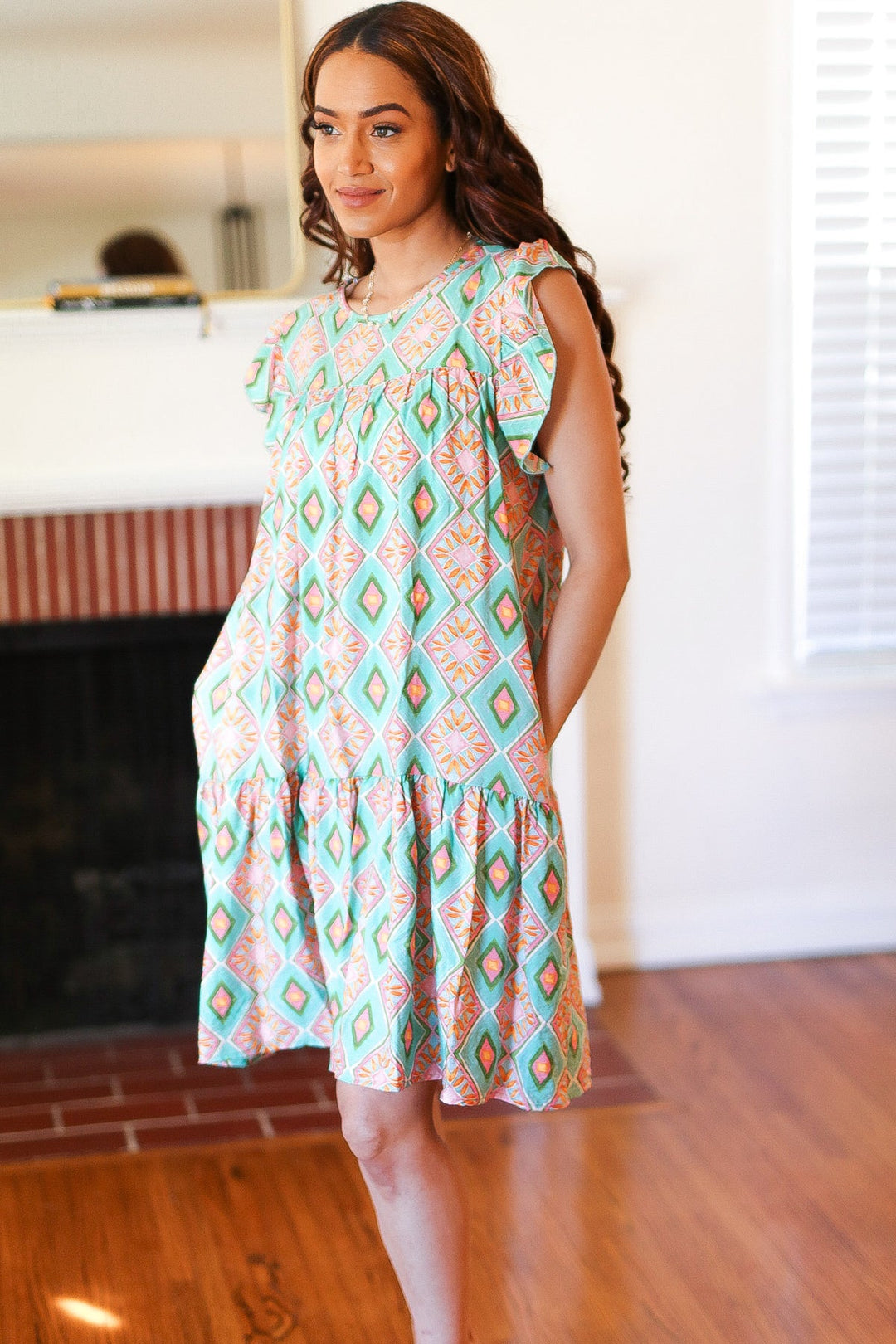 Mint Geo Boho Print Yoke Poplin Woven Dress | Nikki &amp; Co. Boutique