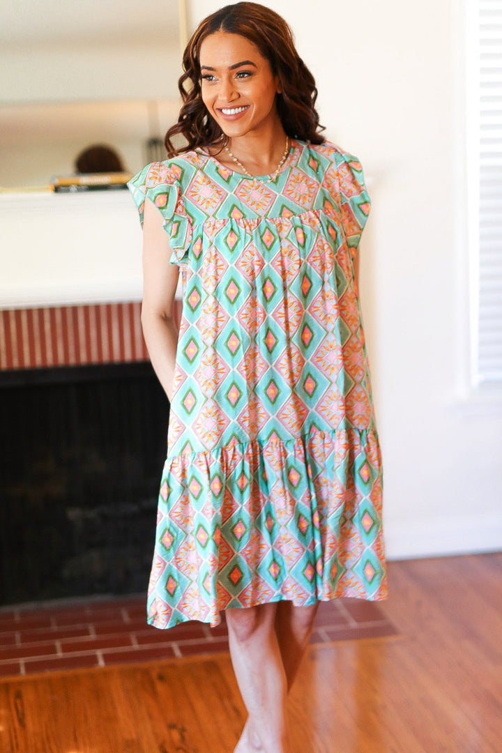 Mint Geo Boho Print Yoke Poplin Woven Dress | Nikki &amp; Co. Boutique